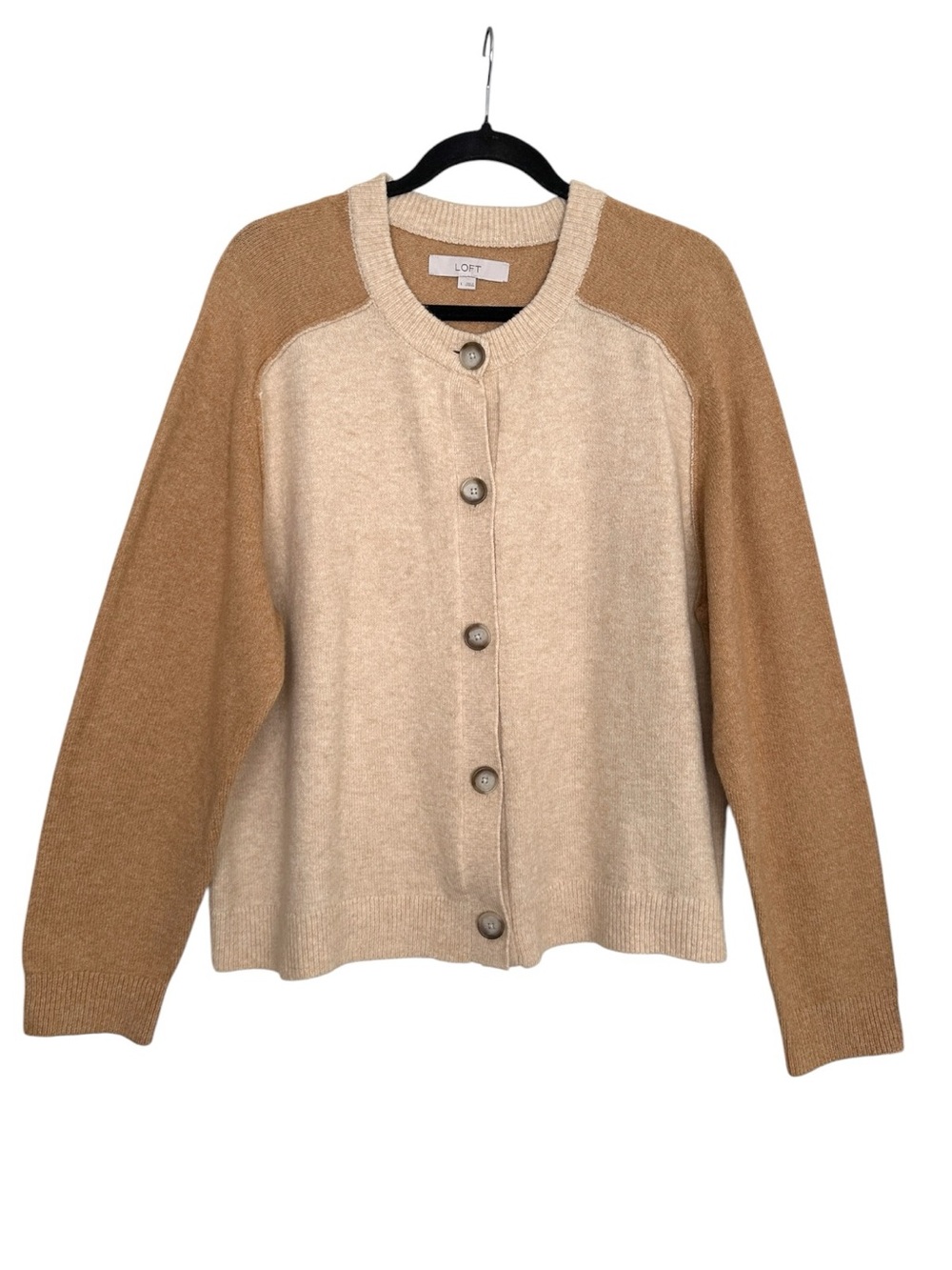 LOFT Colorblock Saddle Sleeve Cardigan Camel Oatmeal Size L Neutral Fall Layer